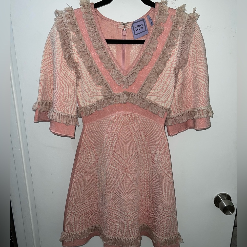Authentic Herve Leger Tweed with fringe mini dress